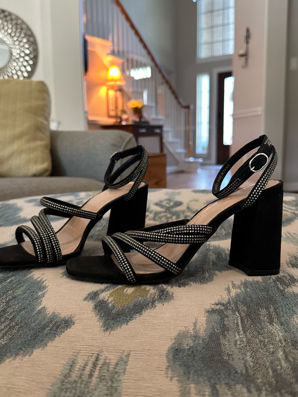 Kelly & Katie Black Rhinestone Strappy Block Heel Sandals